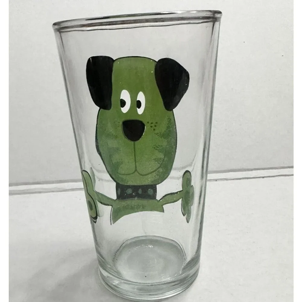 Vintage Firna Indonesia Green Dog Glass‎ Tumbler Cartoon
